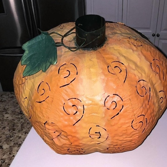 Vintage Halloween Huge Punched Tin Metal Jack O Lantern Pumpkin Candle Holder - Picture 2 of 5